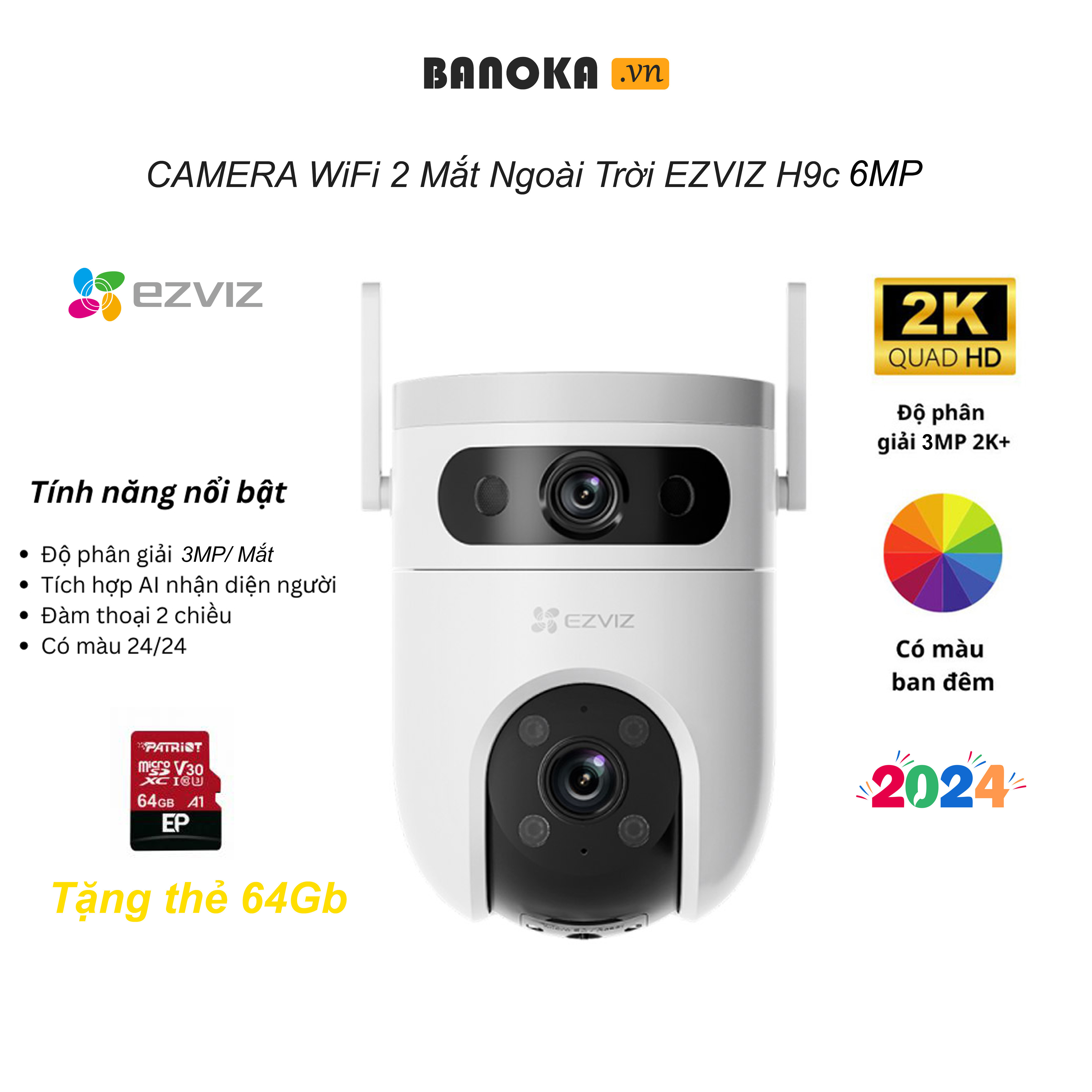 Camera 2 Mắt WiFi Ngoài Trời Xoay 360 EZVIZ H9c 6MP, nhìn đêm có màu, Phát hiện người